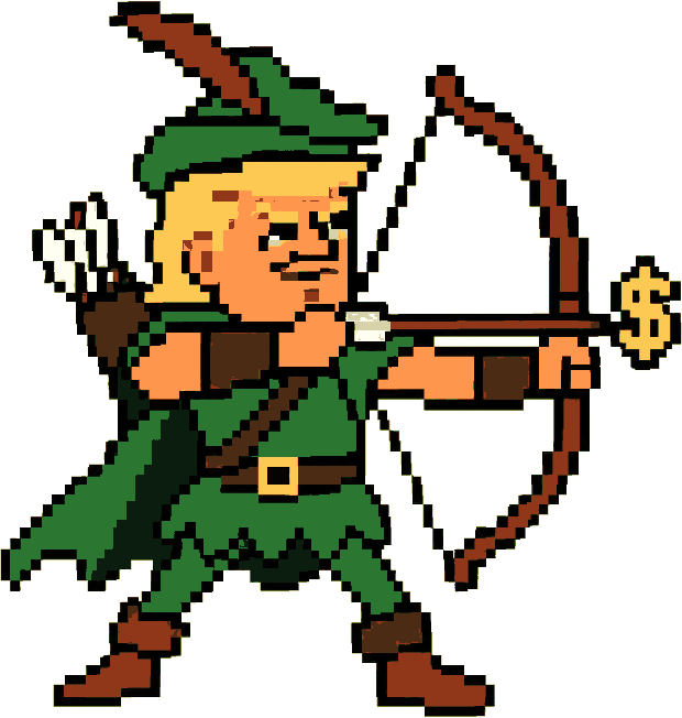 The renegotiated Robin Hood, drawing a bow with a gold currency sign where the arrow rest should be, aiming at somebody wealthy just off the page